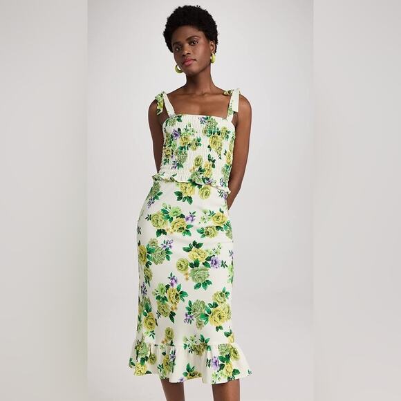 Amanda Uprichard x Revolve Green Floral Smocked Sleeveless Ruffle Midi Dress M - Picture 2 of 11
